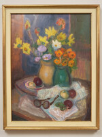 Tallós Ilona (1918–1991): Csendélet - Képcsarnok Vállalat etikettel 1979 (80x60 cm)