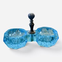 Antik kék üveg dupla fűszertartó / sótartó – Art Deco (7 cm)