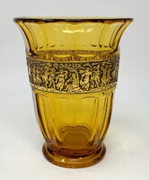Antik formába préselt borostyán színű üveg váza aranyozott fríz mintával 1930-as évek (16 cm)