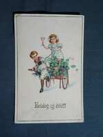 Képeslap,litho,dombornyomott,grafikai,művészet,gyerek modell,kislány,kisfiú,ünnep,újévi,1915-