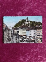 Régi osztrák képeslap – Graz Hauptplatz, Schlossberg, különleges éttermi bélyegzéssel