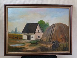 Szabó László, parasztudvar 70x50 cm olaj/farost festmény. Kisautó, játék csere is érdekel