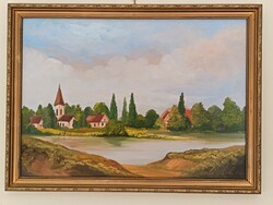 Szabó László, Látkép tóval 48x34 cm olaj/farost festmény. Kisautó, játék csere is érdekel