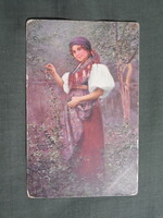 Képeslap,František Klimeš grafika,művészet,lány,női modell,Cseh népviselet,1915-