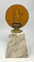 ArtDeco csiszolt borostyán üveg Szt. Kristóf -Utazók védőszentje márvány talpazaton asztaldísz 22cm