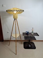 Vintage UFO bambusz tripodos állólámpa fonott zsinórbúrával, 1960–70-es évek