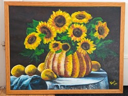 Keni, napraforgós csendélet 60x48 cm akvarell festmény. Kisautó, játék csere is érdekel
