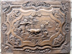 BIEDERMEIER RELIEF VADÁSZAT ANGYAL DOMBORMŰ RÉZ BÚTORDÍSZ BÚTOR RESTAURÁLÁS DÍSZDOBOZ KIEGÉSZÍTŐ