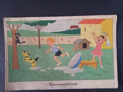 Régi humoros magyar képeslap Megzavart fürösztés gyerekek kutya macska 1962