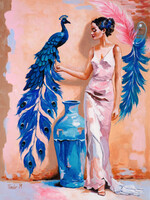 Páva és az elegancia -Peacock and Elegance - figuratív impresszionista akrilfestnény papíron 40x30cm