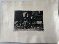 Zádor István: Kovácsműhelyben c. rézkarca, 39 x 29 cm