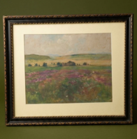 Antik mezei tájkép – jelzés nélküli akvarell / tempera festmény (1910-1920-as évek)