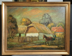 Réti Mátyás: Vidéki életkép, arany keretben, 90x70 cm teljes méret, hintó, tanya, paraszti utcakép