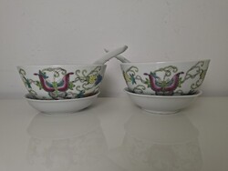 Régi kínai porcelán leveses tányér pár kanállal és alátét tányérral