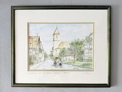 H. Kumpf: Egyedi utcakép akvarell/tusrajz (1995) - dupla paszpartu keretben 25x18/39x32 cm