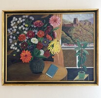 Widmaÿer : 1946-os német csendélet - olajfestmény fatáblán – (Heidelbergi kastély) 60x80 cm