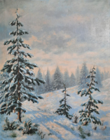 Téli fák (olaj, vászon, 62x50 cm) napsütötte havas táj fenyőfákkal
