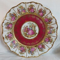 J.W.K. Bavaria porcelán dísztál – Fragonard rokokó jelenetes, aranyozott fali tál (27 cm)