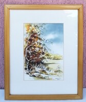 Wind-swept Poplar, Framed Watercolor Painting. A Work by Contemporary Artist Ernő Bíró