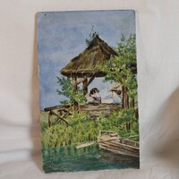 Antik kézzel festett porcelán plakett / kép – Romantikus vízparti életkép, 1905