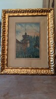 Art deco akvarell tájkép aranyozott fakeretben