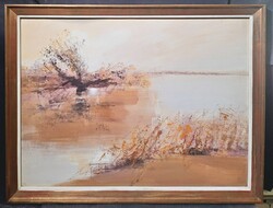 Balogh Ervin: Vízparti fények (80x60 cm olajfestmény keretben) Tájkép piros-narancs színekkel