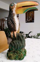 Retro fafaragás: Jelzett nagyméretű (50cm) fa Tukán madár szobor, 1992-ből