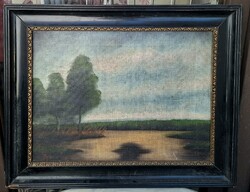 Tavaszi tájkép - régi olaj, vászon festmény - kerettel 40x50 cm - vízparti fák