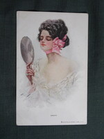 Képeslap,Harrison Fisher grafika,művészet,lány,hölgy,női modell,1912-
