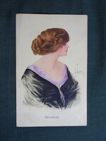 Képeslap,R. G. Molhans grafika,művészet,lány,hölgy,női modell,1915-