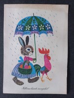 Régi grafikus rajzos képeslap Húsvéti üdvözlet Demjén Zsuzsa 1975