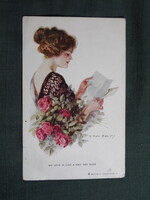 Képeslap,F. Earl Christy grafika,művészet,lány,hölgy,női modell,1912-