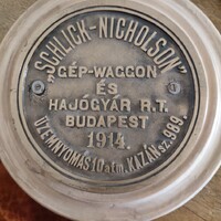 Ritka antik sárgaréz gőzkazán tábla 1914- Schlick-Nicholson Budapest (17,7 cm)