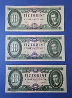 Bankjegy sorozat " Kádár címeres" 10 forintos 1960 / 1962 / 1969 VF tartásban.
