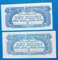 2 db csehszlovák 5 Korona Korun 1944 évi , eltérésekkel