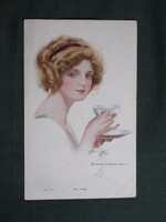 Képeslap,Harrison Fisher grafika,művészet,lány,hölgy,női modell,tea idő,1915-
