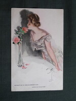 Képeslap,Harrison Fisher grafika,művészet,lány,hölgy,női modell,1912-