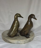 Antik Art Deco bronz kacsapár márvány asztali kínálón / hamutartón (18 cm