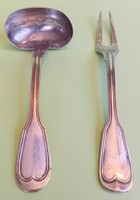 Silver-plated, monogrammed, marked gravy spoon and serving fork