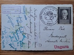 Képeslap az 1951- es Bécsi Asztalitenisz Világbajnokságról, a résztvevő magyar csapattagok aláírásai