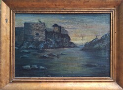 Margit 1928 jelzéssel. Erőd a sziklás tengerpart felett.  Olaj/vászon. 34x50cm