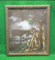 Vintage kézzel festett selyemkép – Pásztor tehenekkel (27x23,5 cm) 1920-30 évek