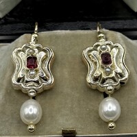 5180. Biedermeier Arany Fülbevaló Gyönggyel és Ékszerkővel
