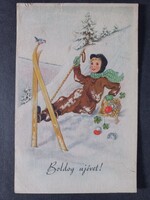 Régi  grafikus rajzos képeslap Boldog Új évet! Síelő kislány - 1948