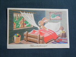 Képeslap,Réber László grafika,művészet,nyúl,ünnep,húsvéti,1955-