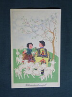 Képeslap,Gábor Éva grafika,gyerek modell,kislány,kisfiú,pásztor,népviselet,ünnep,húsvéti, 1955-