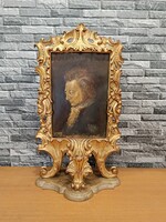 Antik Mozart asztali olajfestmény – nívós, dúsan faragott, aranyozott rokokó stílusú keretben
