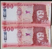 2 db sorszámkövető 500 Ft-os bankjegyek