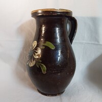 Antique glazed clay pitcher (hand-painted flower design, 22.5 cm)