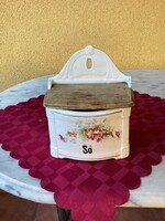 Antik virágos porcelán fali sótartó,